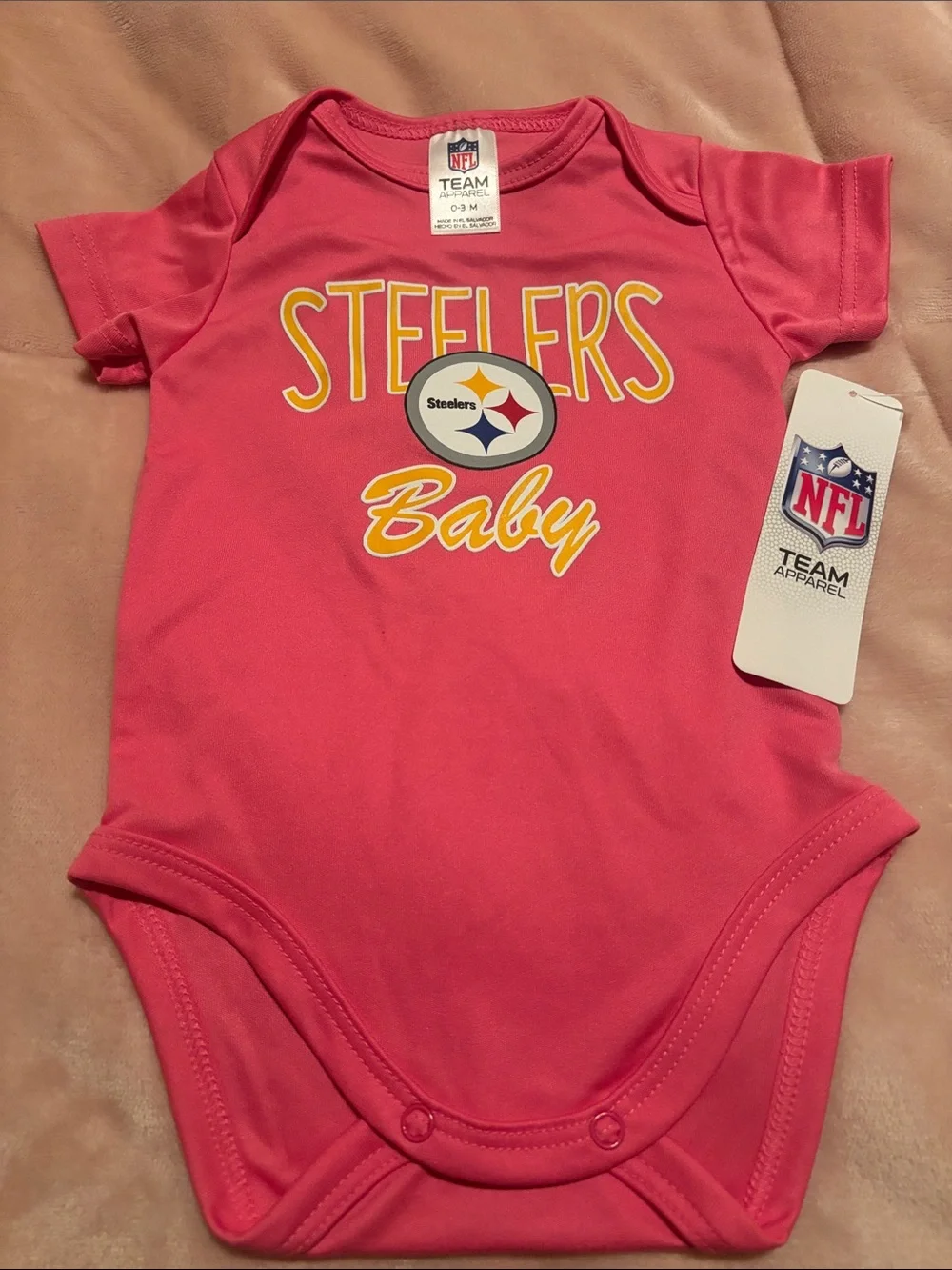 NFL Steelers Pink Baby Bodysuit with Yellow Logo